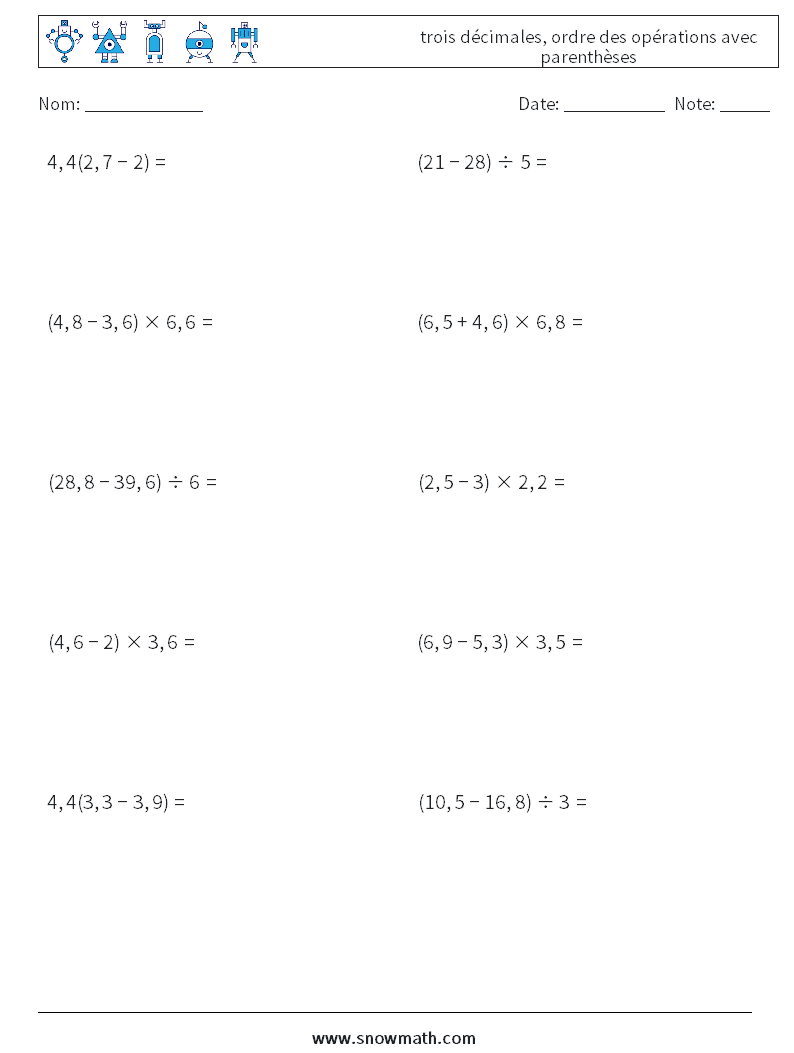 (10) trois décimales, ordre des opérations avec parenthèses Fiches d'Exercices de Mathématiques 4