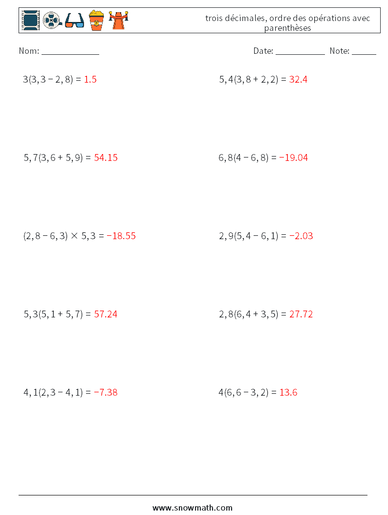 (10) trois décimales, ordre des opérations avec parenthèses Fiches d'Exercices de Mathématiques 6 Question, Réponse