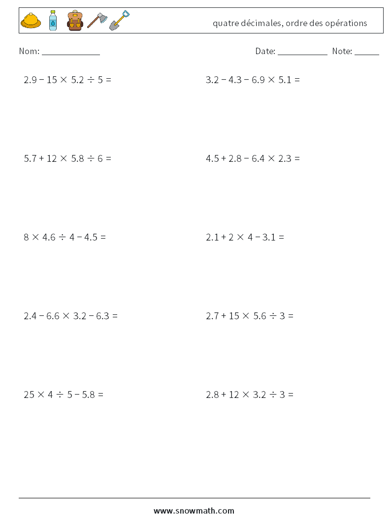 (10) quatre décimales, ordre des opérations Fiches d'Exercices de Mathématiques 10