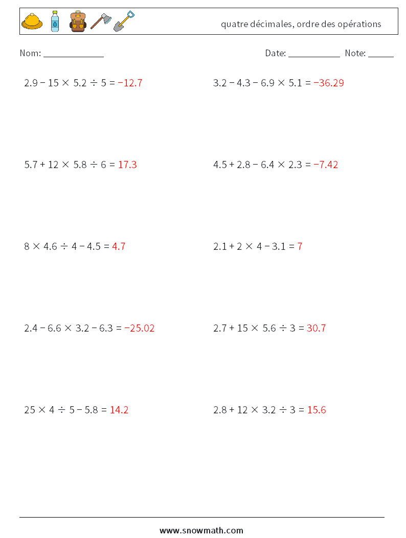 (10) quatre décimales, ordre des opérations Fiches d'Exercices de Mathématiques 10 Question, Réponse