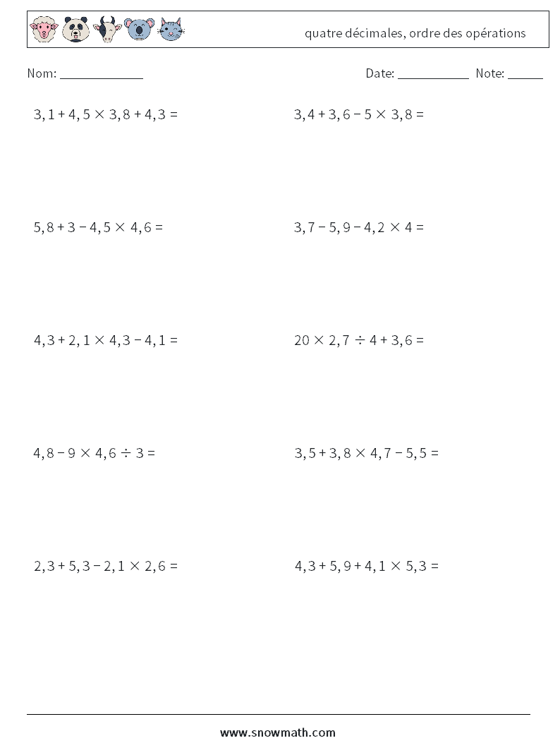 (10) quatre décimales, ordre des opérations Fiches d'Exercices de Mathématiques 11
