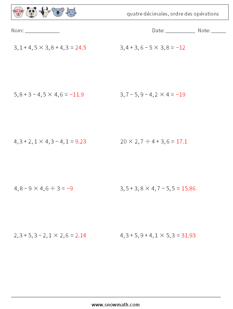 (10) quatre décimales, ordre des opérations Fiches d'Exercices de Mathématiques 11 Question, Réponse