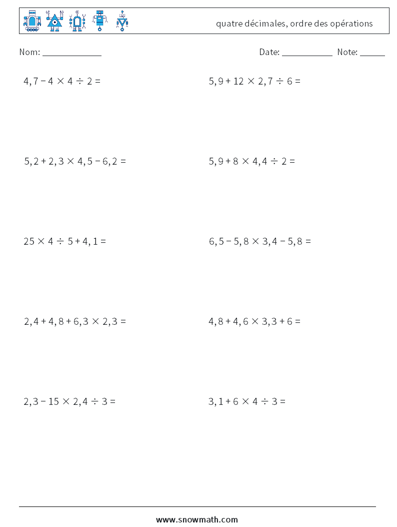 (10) quatre décimales, ordre des opérations Fiches d'Exercices de Mathématiques 12