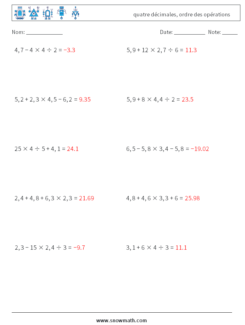 (10) quatre décimales, ordre des opérations Fiches d'Exercices de Mathématiques 12 Question, Réponse