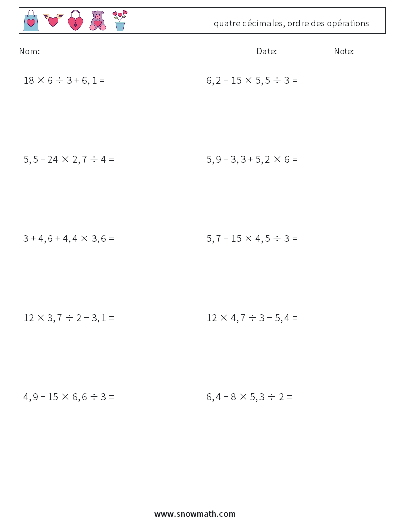 (10) quatre décimales, ordre des opérations Fiches d'Exercices de Mathématiques 13