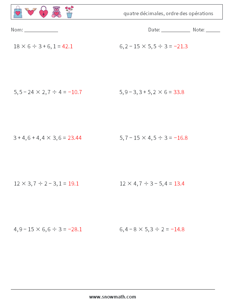 (10) quatre décimales, ordre des opérations Fiches d'Exercices de Mathématiques 13 Question, Réponse