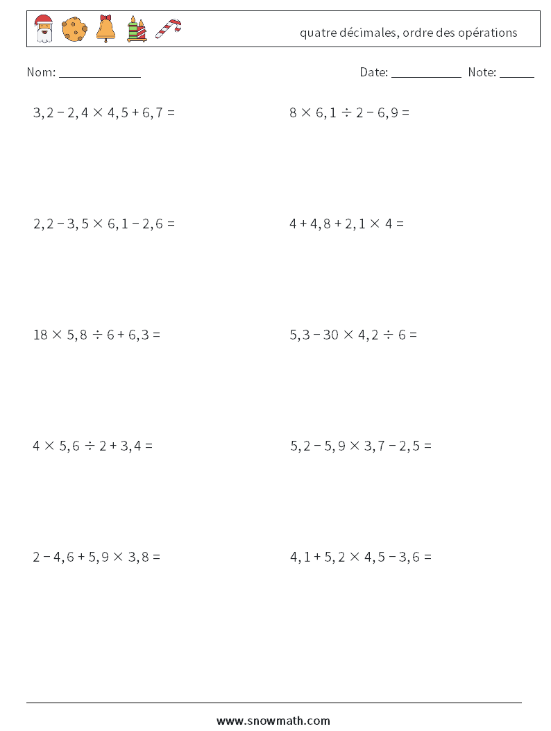 (10) quatre décimales, ordre des opérations Fiches d'Exercices de Mathématiques 14