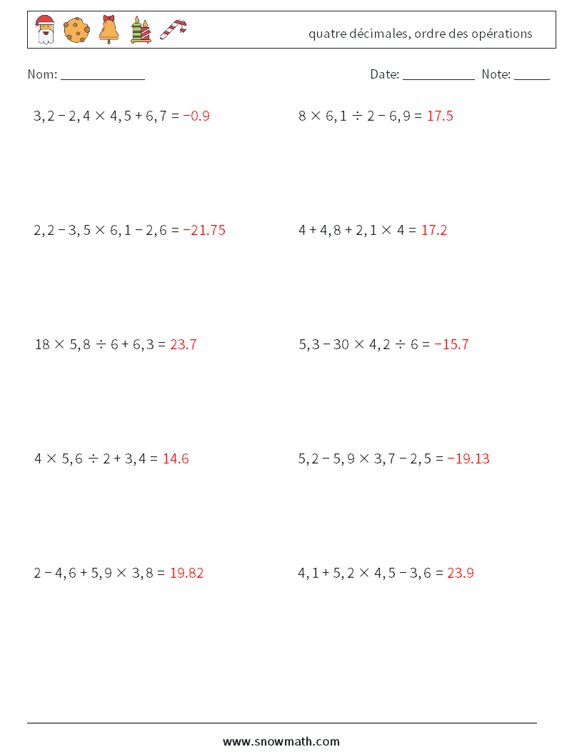 (10) quatre décimales, ordre des opérations Fiches d'Exercices de Mathématiques 14 Question, Réponse