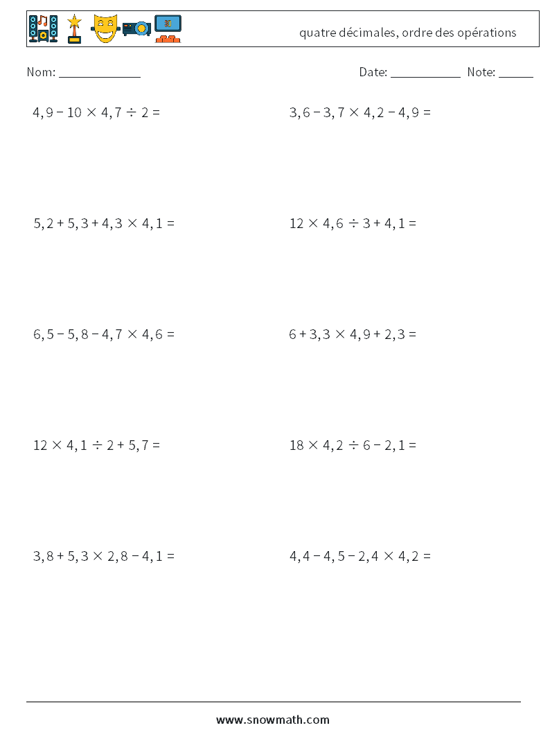 (10) quatre décimales, ordre des opérations Fiches d'Exercices de Mathématiques 15