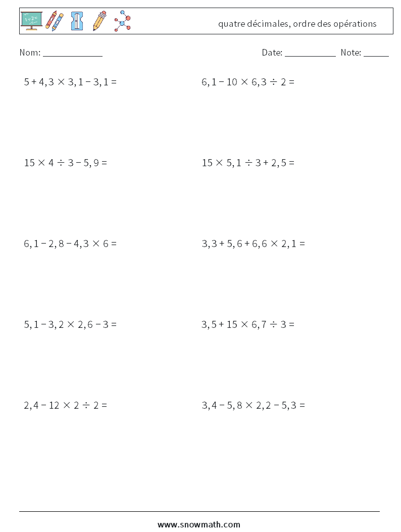 (10) quatre décimales, ordre des opérations Fiches d'Exercices de Mathématiques 16