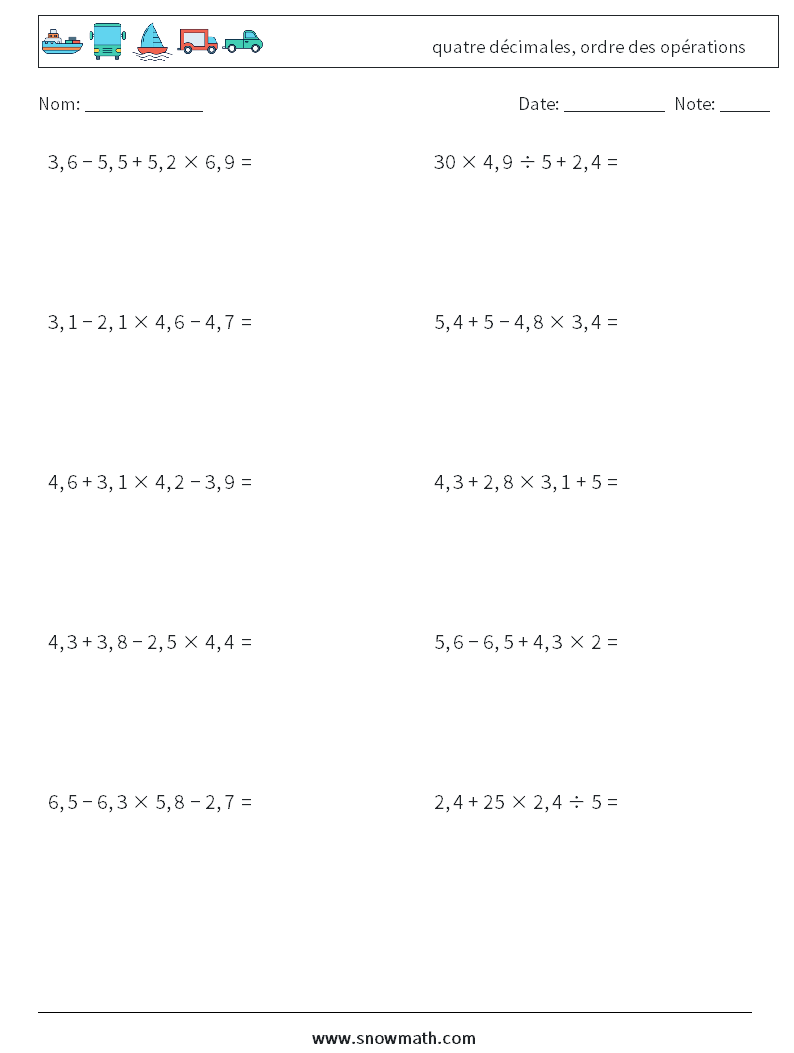 (10) quatre décimales, ordre des opérations Fiches d'Exercices de Mathématiques 17