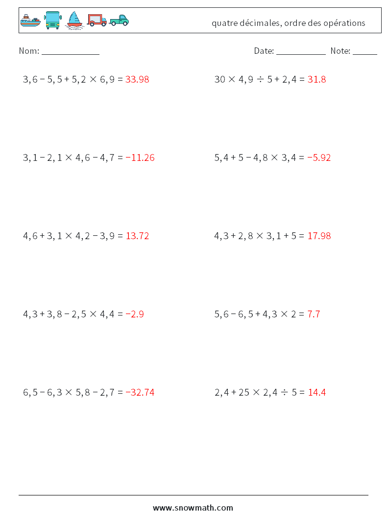 (10) quatre décimales, ordre des opérations Fiches d'Exercices de Mathématiques 17 Question, Réponse