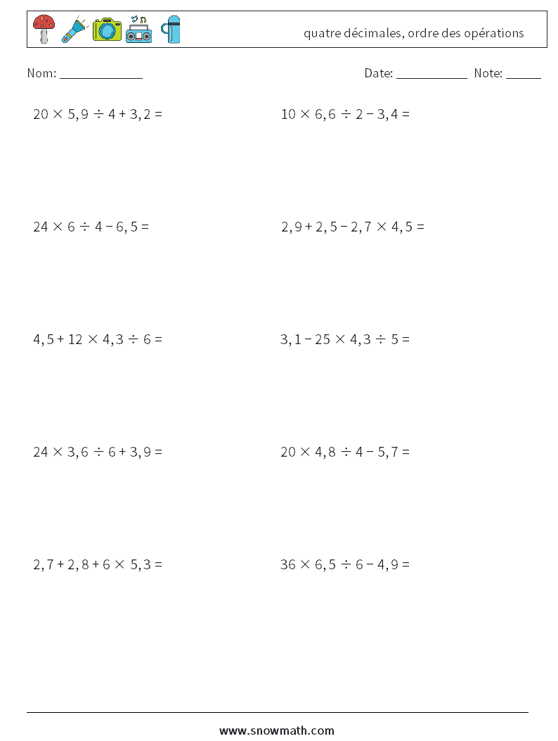 (10) quatre décimales, ordre des opérations Fiches d'Exercices de Mathématiques 18