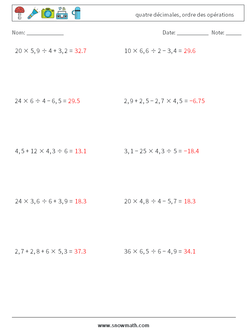 (10) quatre décimales, ordre des opérations Fiches d'Exercices de Mathématiques 18 Question, Réponse
