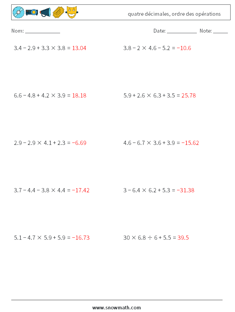 (10) quatre décimales, ordre des opérations Fiches d'Exercices de Mathématiques 1 Question, Réponse