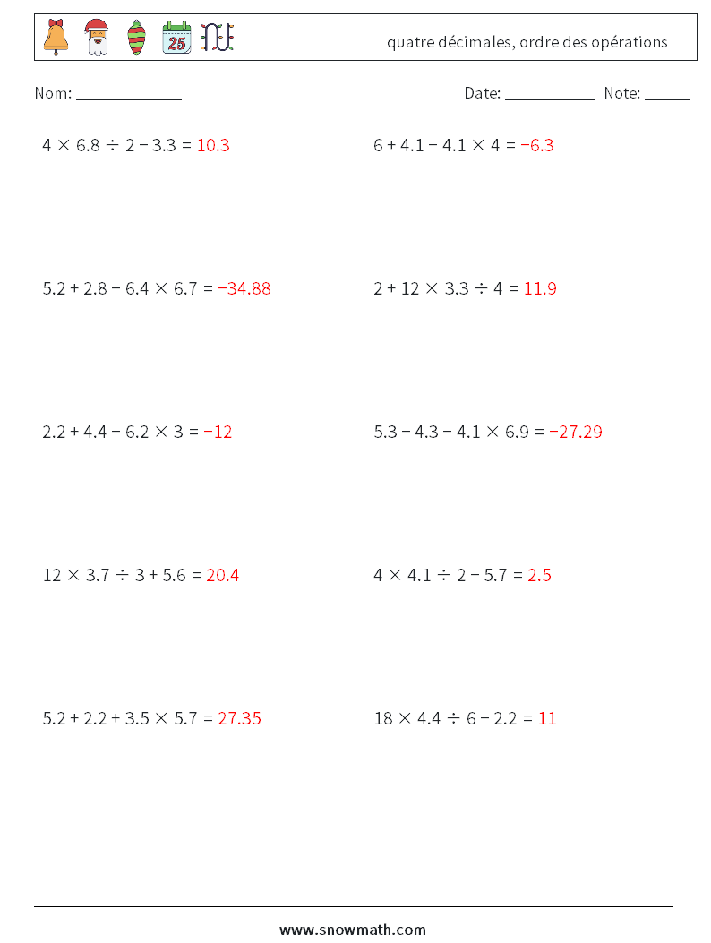 (10) quatre décimales, ordre des opérations Fiches d'Exercices de Mathématiques 2 Question, Réponse