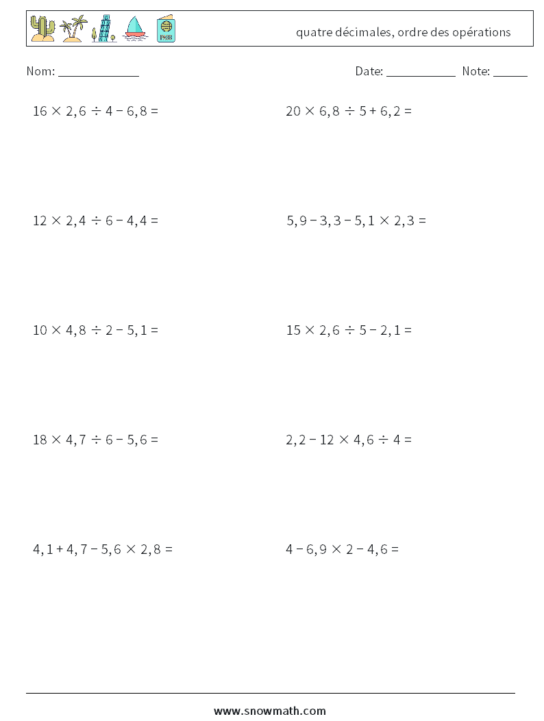 (10) quatre décimales, ordre des opérations Fiches d'Exercices de Mathématiques 3