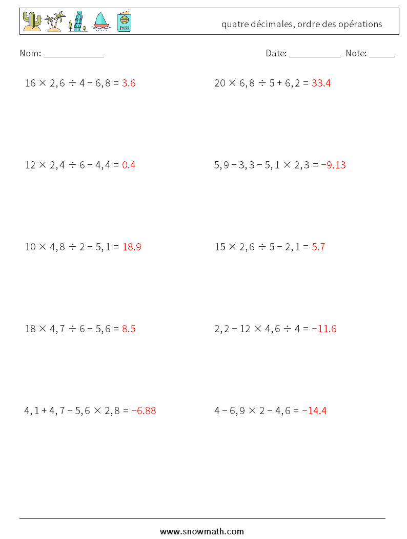 (10) quatre décimales, ordre des opérations Fiches d'Exercices de Mathématiques 3 Question, Réponse