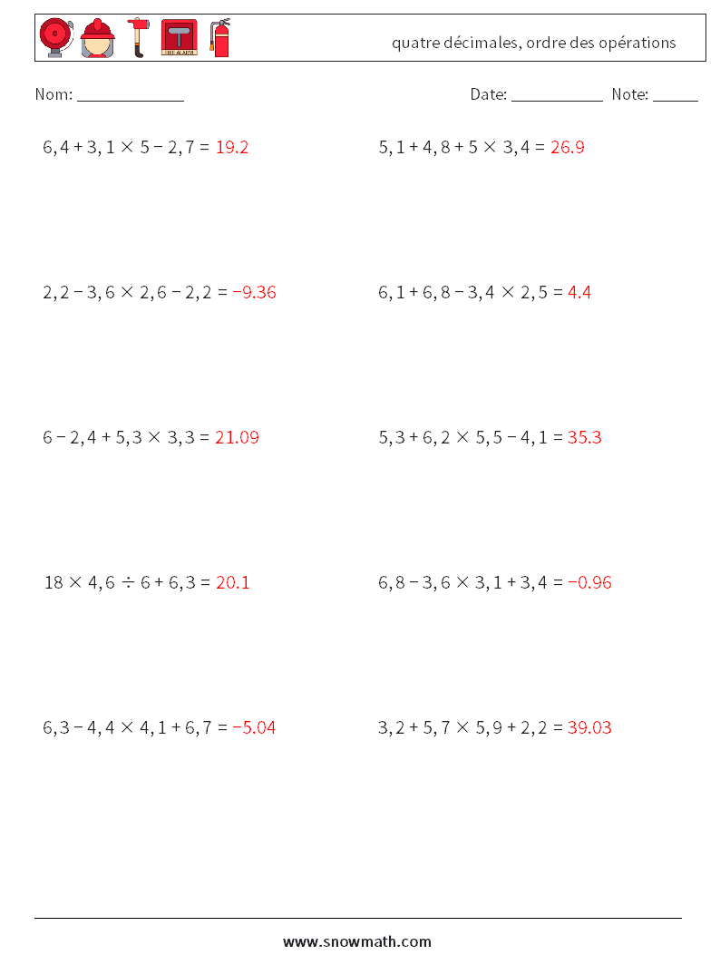 (10) quatre décimales, ordre des opérations Fiches d'Exercices de Mathématiques 4 Question, Réponse