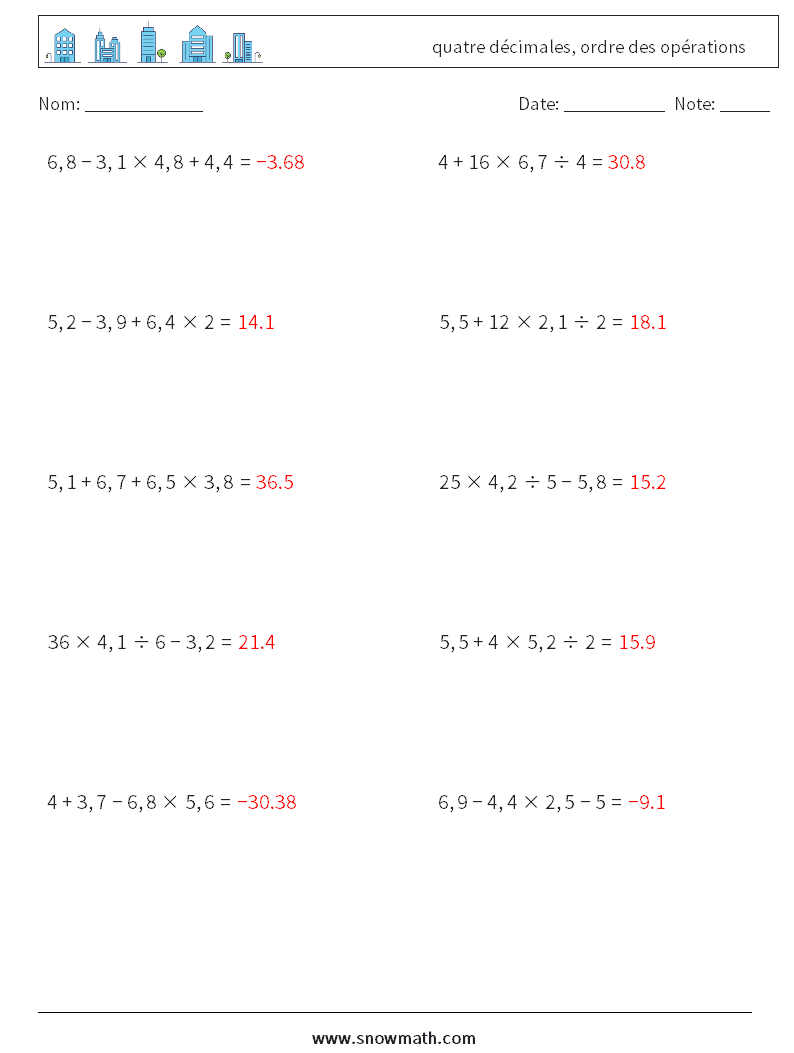 (10) quatre décimales, ordre des opérations Fiches d'Exercices de Mathématiques 5 Question, Réponse