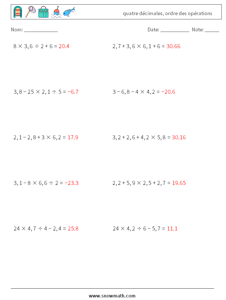 (10) quatre décimales, ordre des opérations Fiches d'Exercices de Mathématiques 6 Question, Réponse