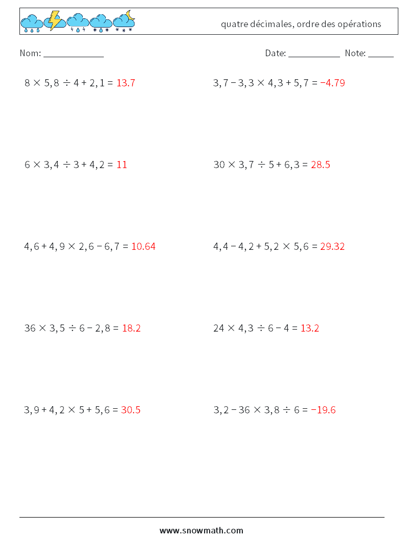 (10) quatre décimales, ordre des opérations Fiches d'Exercices de Mathématiques 7 Question, Réponse