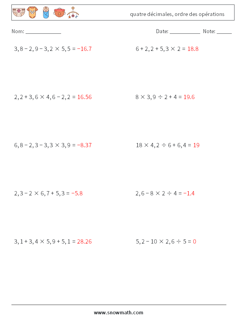 (10) quatre décimales, ordre des opérations Fiches d'Exercices de Mathématiques 8 Question, Réponse