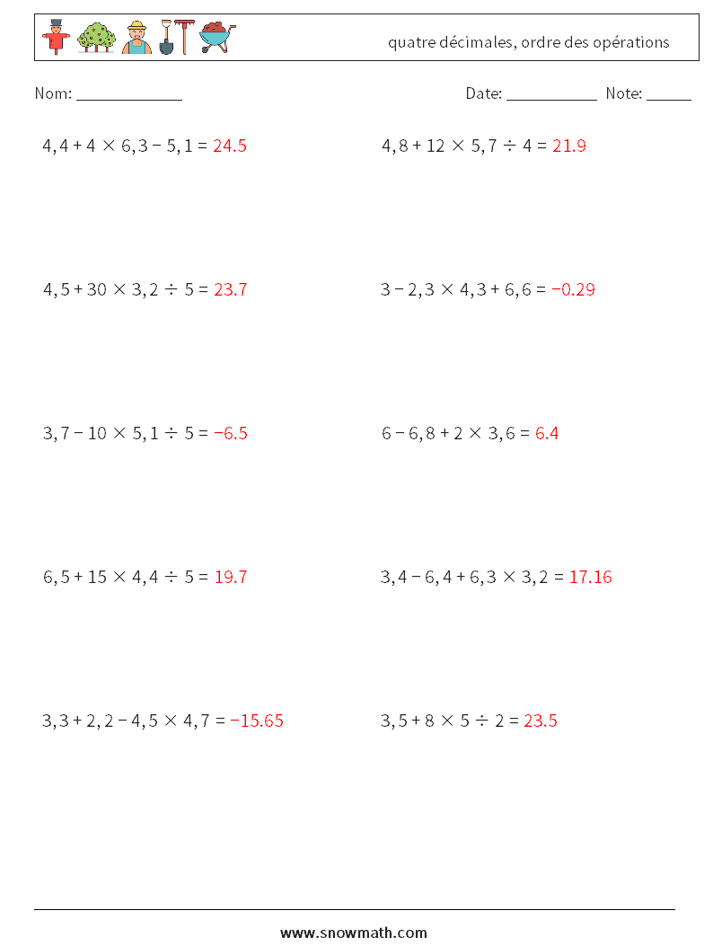 (10) quatre décimales, ordre des opérations Fiches d'Exercices de Mathématiques 9 Question, Réponse