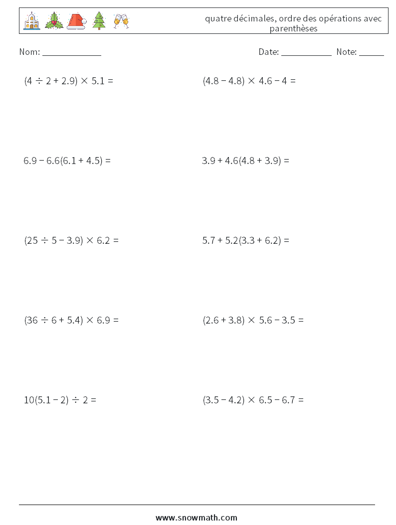(10) quatre décimales, ordre des opérations avec parenthèses Fiches d'Exercices de Mathématiques 1