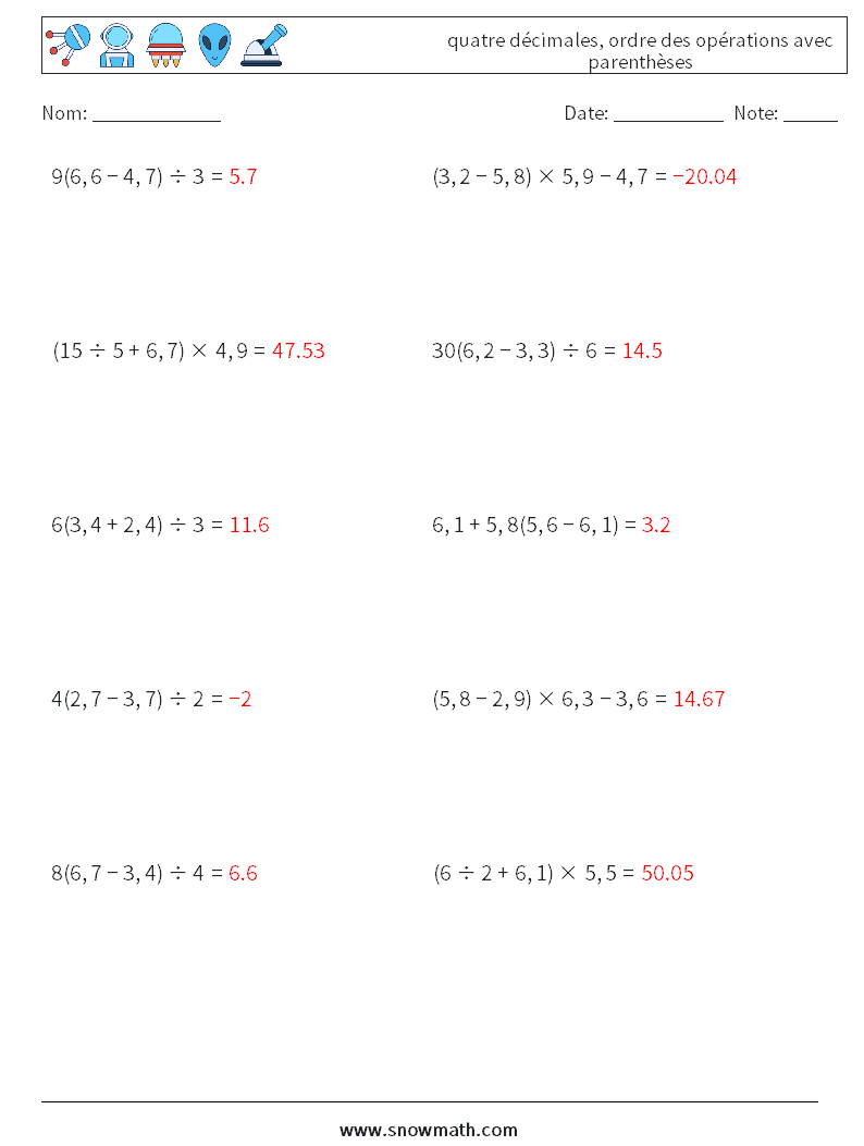 (10) quatre décimales, ordre des opérations avec parenthèses Fiches d'Exercices de Mathématiques 12 Question, Réponse