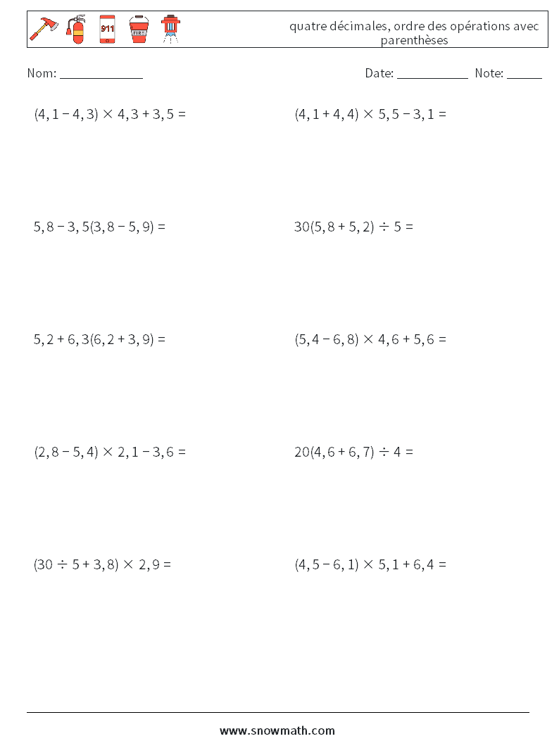 (10) quatre décimales, ordre des opérations avec parenthèses Fiches d'Exercices de Mathématiques 14