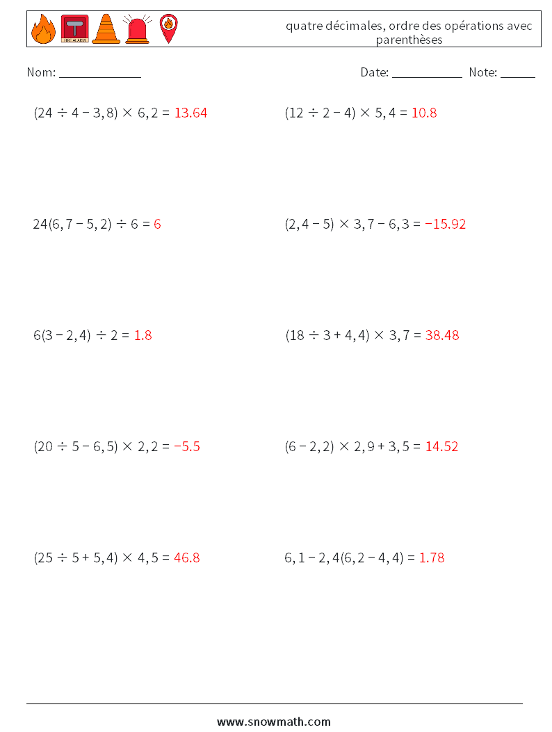 (10) quatre décimales, ordre des opérations avec parenthèses Fiches d'Exercices de Mathématiques 16 Question, Réponse