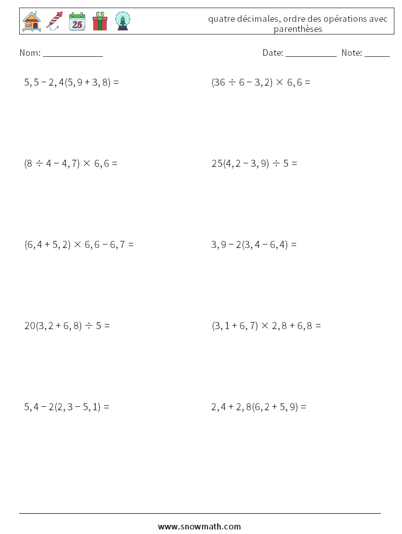 (10) quatre décimales, ordre des opérations avec parenthèses Fiches d'Exercices de Mathématiques 17