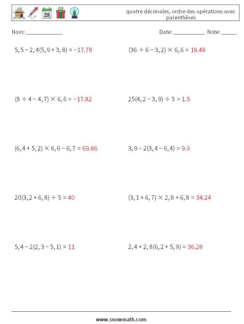 (10) quatre décimales, ordre des opérations avec parenthèses Fiches d'Exercices de Mathématiques 17 Question, Réponse