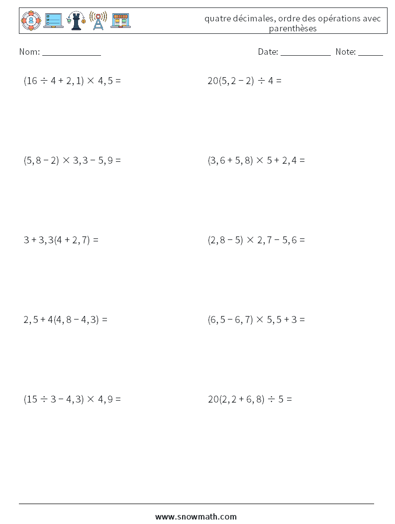 (10) quatre décimales, ordre des opérations avec parenthèses Fiches d'Exercices de Mathématiques 18