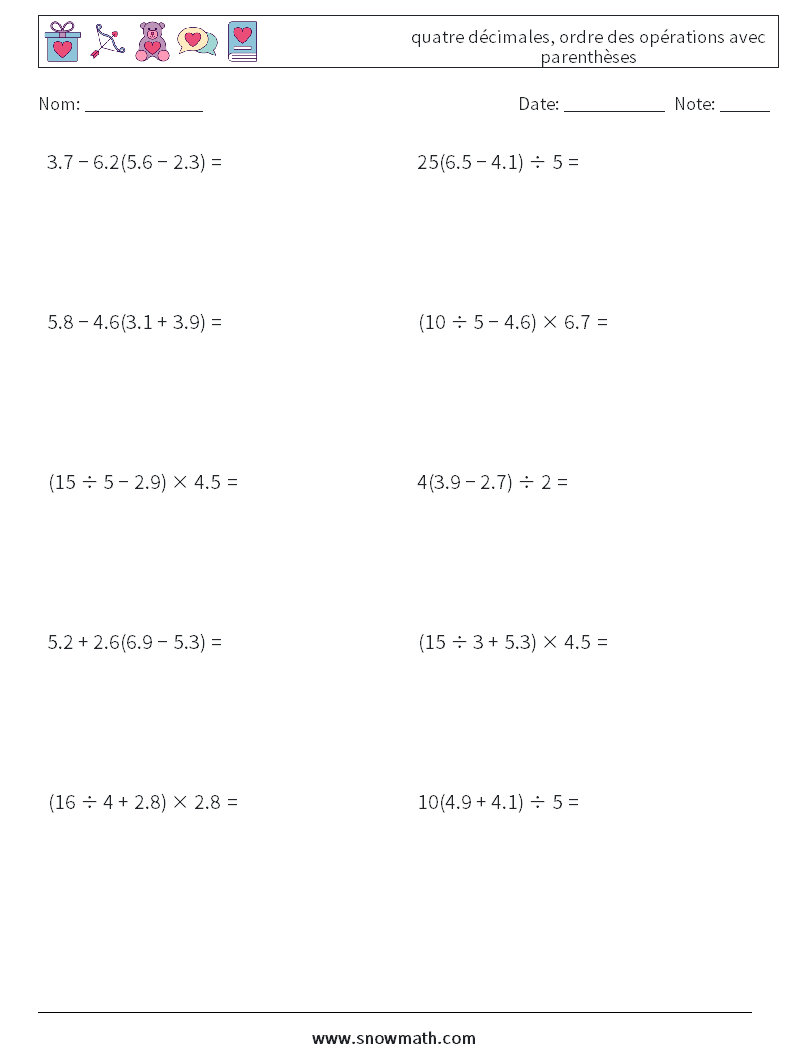 (10) quatre décimales, ordre des opérations avec parenthèses Fiches d'Exercices de Mathématiques 2