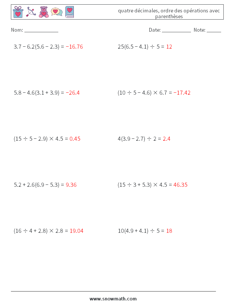 (10) quatre décimales, ordre des opérations avec parenthèses Fiches d'Exercices de Mathématiques 2 Question, Réponse