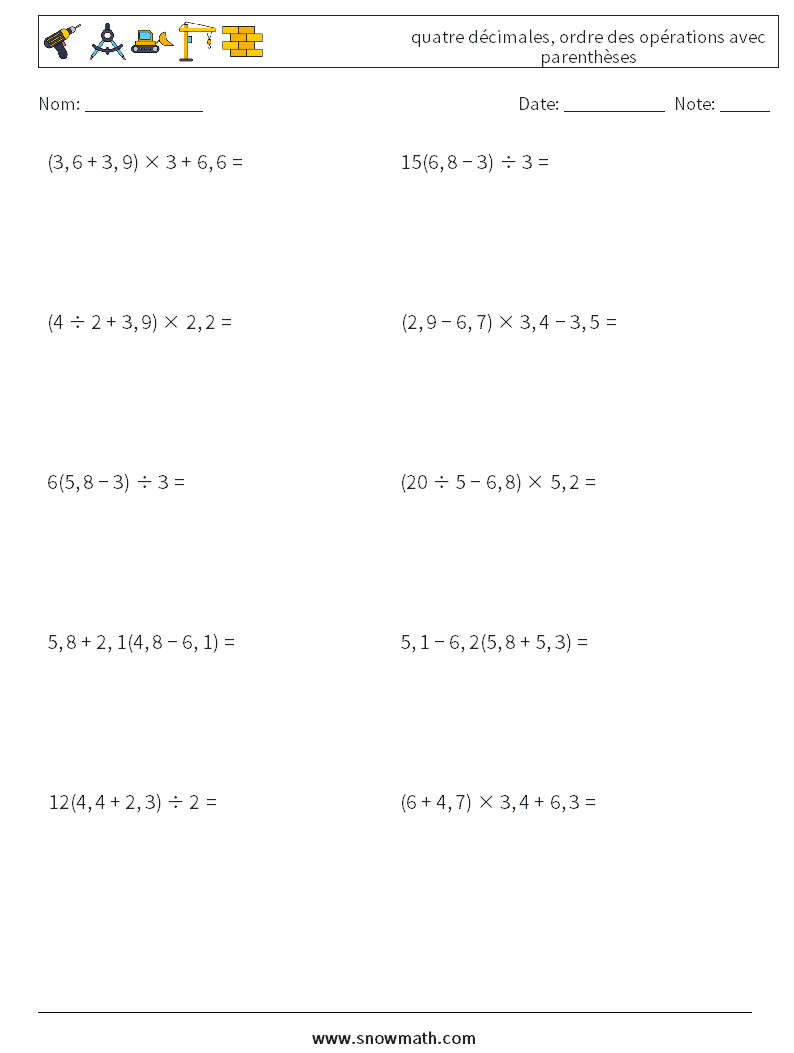 (10) quatre décimales, ordre des opérations avec parenthèses Fiches d'Exercices de Mathématiques 4