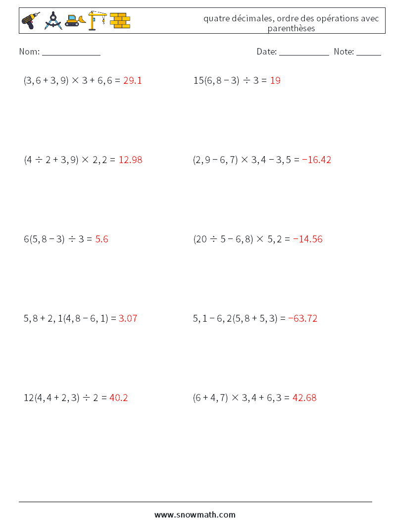 (10) quatre décimales, ordre des opérations avec parenthèses Fiches d'Exercices de Mathématiques 4 Question, Réponse