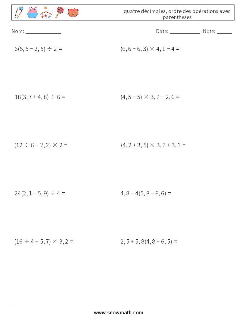 (10) quatre décimales, ordre des opérations avec parenthèses Fiches d'Exercices de Mathématiques 5