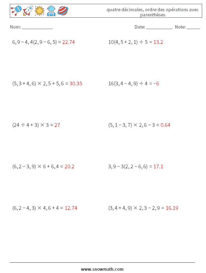 (10) quatre décimales, ordre des opérations avec parenthèses Fiches d'Exercices de Mathématiques 6 Question, Réponse