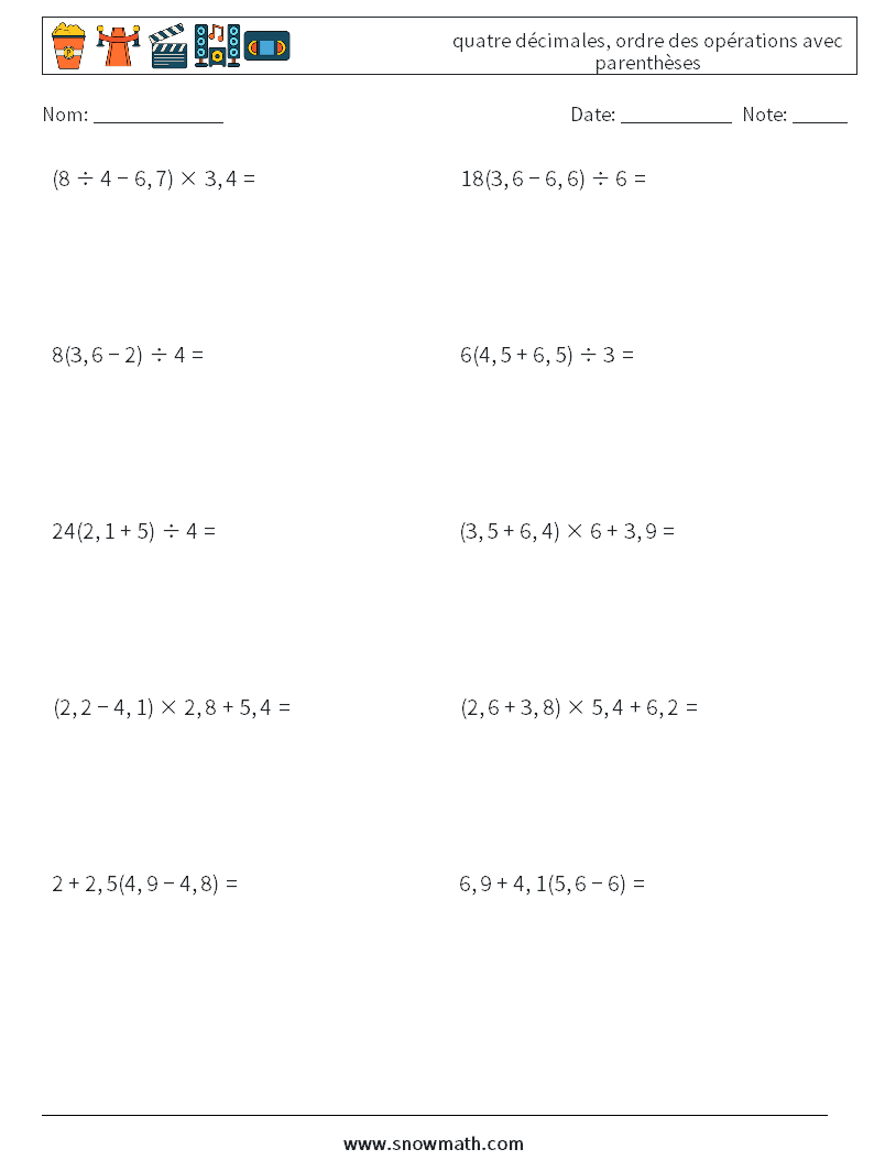 (10) quatre décimales, ordre des opérations avec parenthèses Fiches d'Exercices de Mathématiques 7