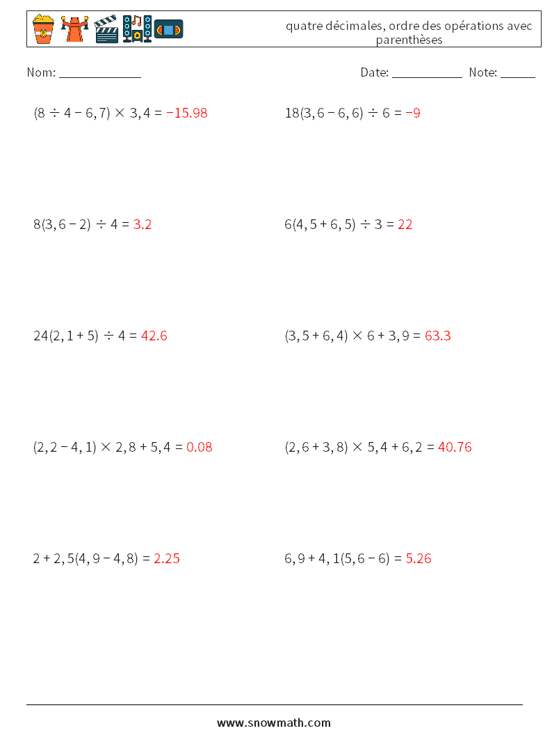 (10) quatre décimales, ordre des opérations avec parenthèses Fiches d'Exercices de Mathématiques 7 Question, Réponse