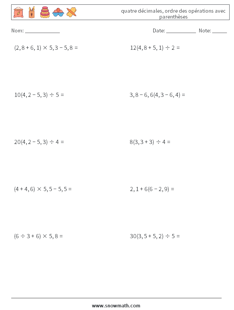 (10) quatre décimales, ordre des opérations avec parenthèses Fiches d'Exercices de Mathématiques 8