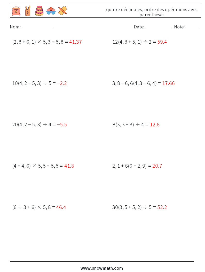 (10) quatre décimales, ordre des opérations avec parenthèses Fiches d'Exercices de Mathématiques 8 Question, Réponse