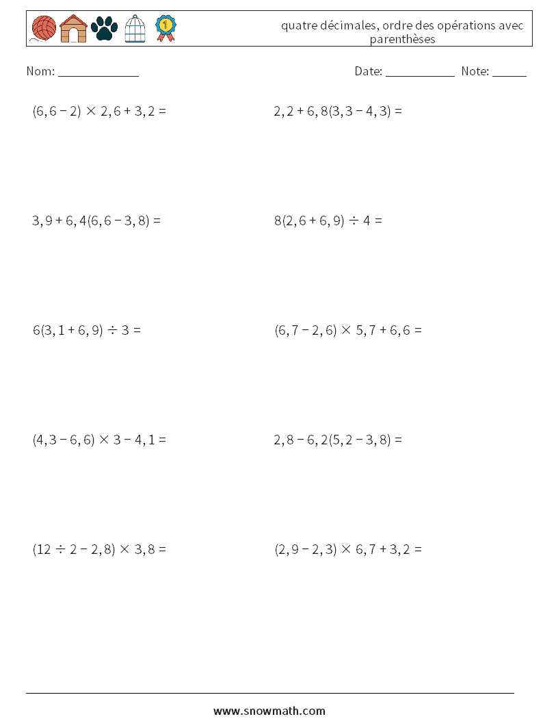 (10) quatre décimales, ordre des opérations avec parenthèses Fiches d'Exercices de Mathématiques 9