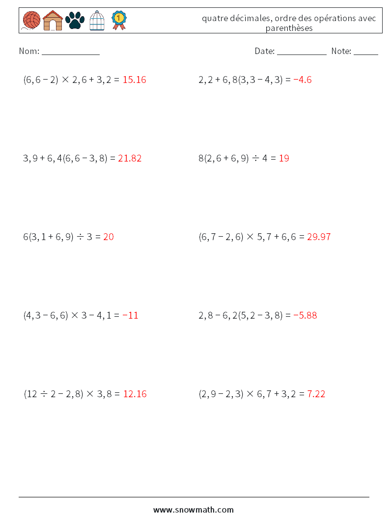 (10) quatre décimales, ordre des opérations avec parenthèses Fiches d'Exercices de Mathématiques 9 Question, Réponse