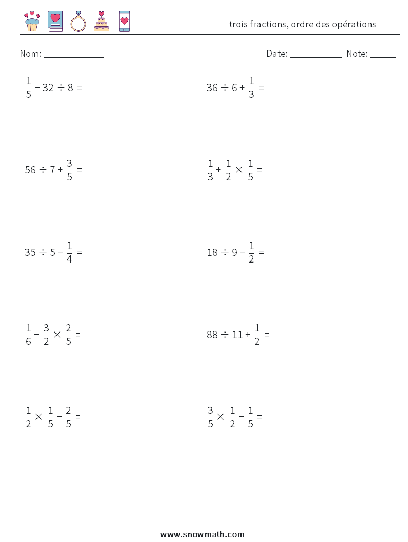 (10) trois fractions, ordre des opérations Fiches d'Exercices de Mathématiques 10