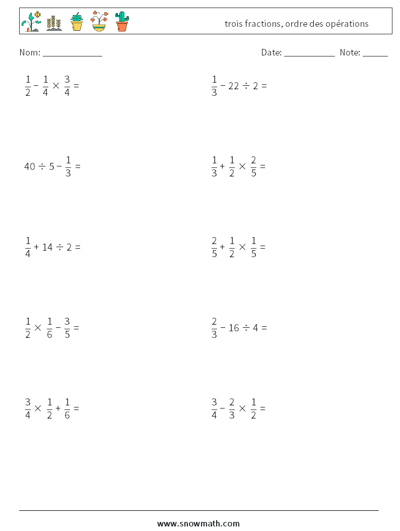 (10) trois fractions, ordre des opérations Fiches d'Exercices de Mathématiques 11