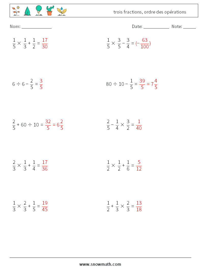 (10) trois fractions, ordre des opérations Fiches d'Exercices de Mathématiques 12 Question, Réponse